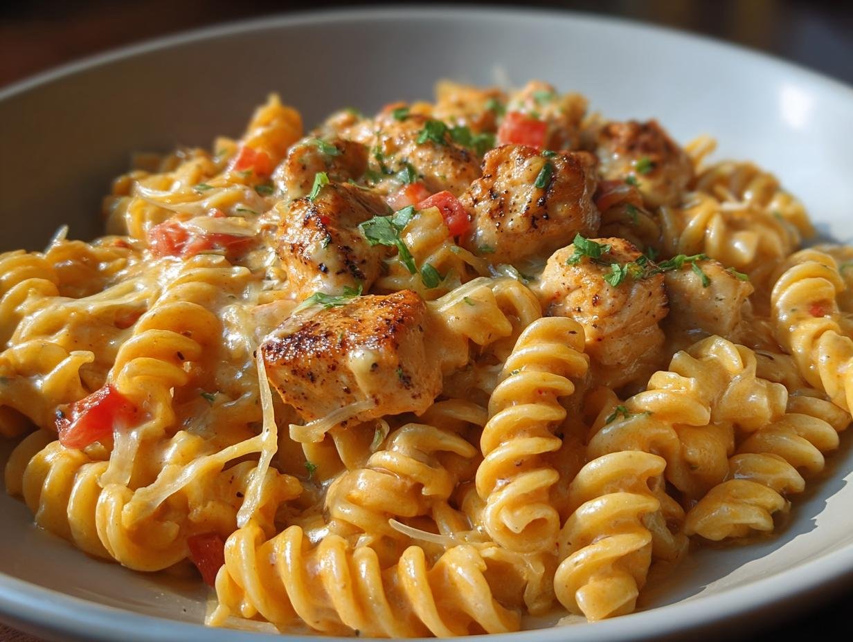 Gros plan sur un plat de poulet cajun rotini crémeux, garni de morceaux de poulet grillé et de persil frais.