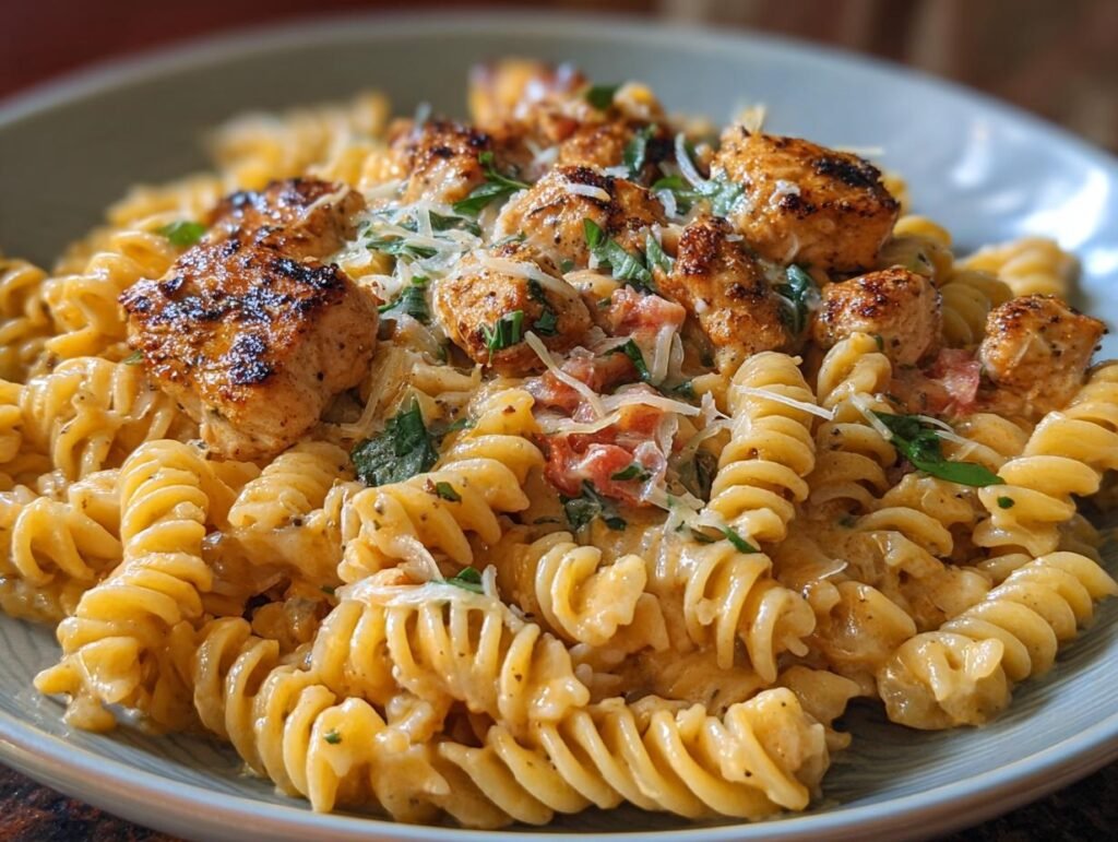 Gros plan d'un plat de poulet Cajun rotini crémeux, garni de poulet grillé et de persil frais.