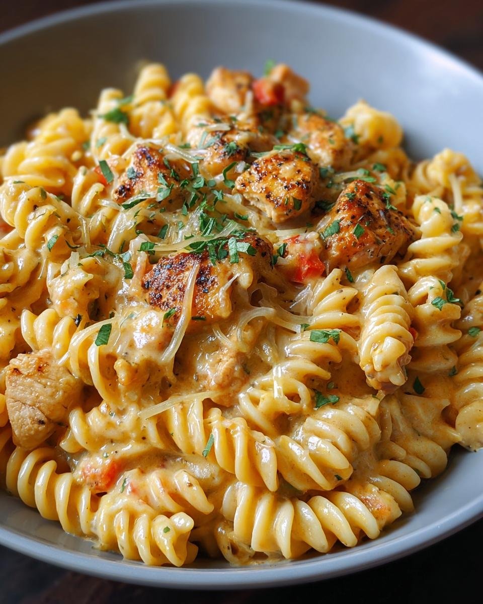 Gros plan d'un plat de poulet Cajun rotini crémeux, garni de morceaux de poulet grillé et de persil frais.