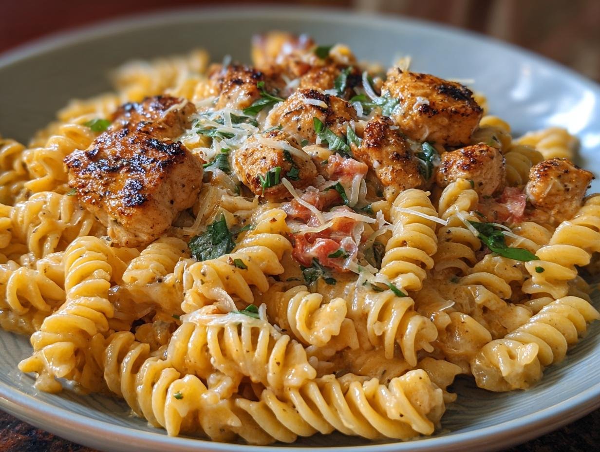 Gros plan d'un plat de poulet Cajun rotini crémeux, garni de poulet grillé et de persil frais.