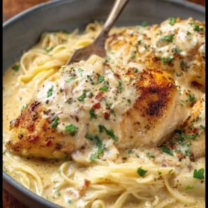 Gros plan de poulet crémeux à la mijoteuse servi sur des pâtes, garni de persil frais.