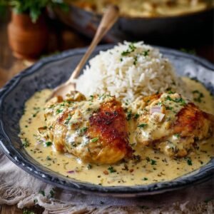 Gros plan sur un plat de poulet crémeux et riz, garni de persil frais.