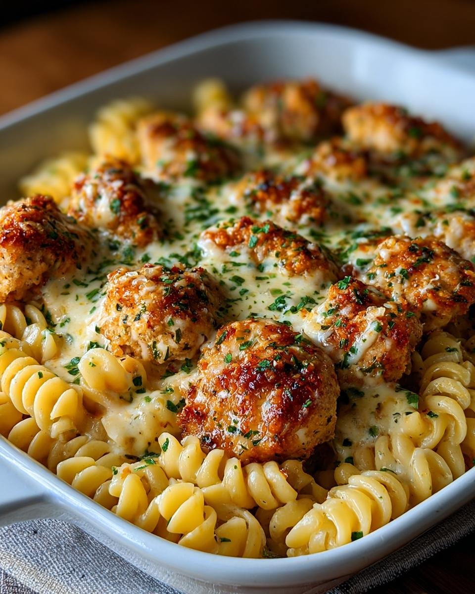 Gros plan sur des boulettes de poulet parmesan ail dorées et crémeuses sur des pâtes fusilli dans un plat de cuisson blanc.