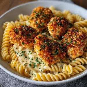 Gros plan sur du poulet parmesan ail pané et doré, servi sur des pâtes fusilli crémeuses et garni de persil.