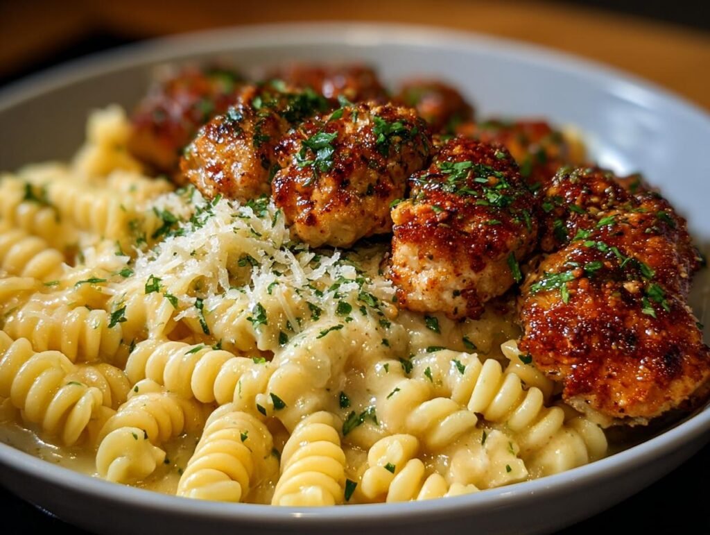Gros plan sur du poulet parmesan ail servi avec des pâtes fusilli crémeuses et garni de persil frais et de parmesan râpé.