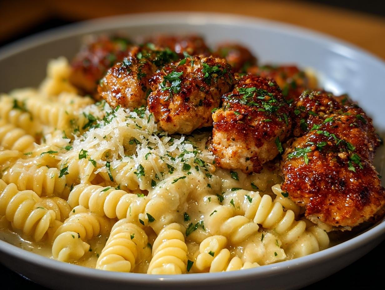 Gros plan sur du poulet parmesan ail servi avec des pâtes fusilli crémeuses et garni de persil frais et de parmesan râpé.