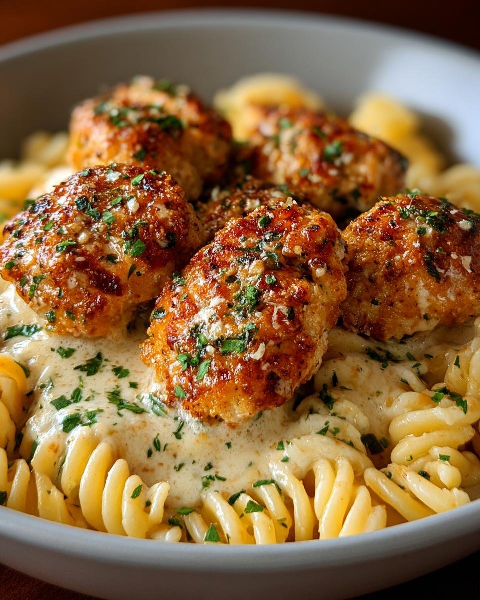 Gros plan sur des boulettes de poulet pané au parmesan et à l'ail, servies sur des pâtes fusilli crémeuses et garnies de persil frais.