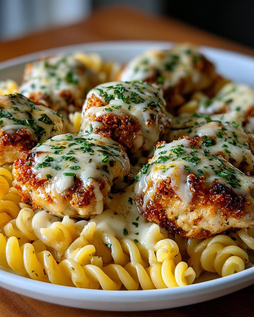 Gros plan sur du poulet parmesan ail croustillant, recouvert de fromage fondu et de persil, servi sur des pâtes fusilli.