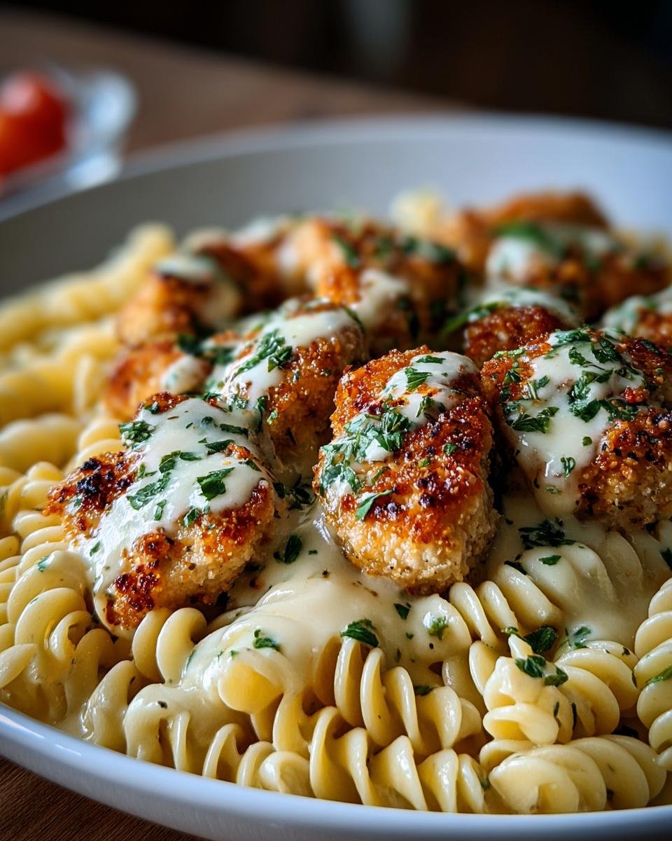 Gros plan de poulet parmesan et ail croustillant servi sur des pâtes fusilli crémeuses, garni de persil frais.