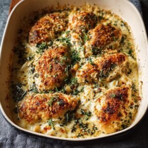 Plat de cuisson de poulet au parmesan et à l'ail, doré et garni d'herbes fraîches.