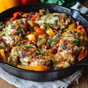 Gros plan sur du poulet aux poivrons et fromage fondant, garni de persil frais, dans une poêle.