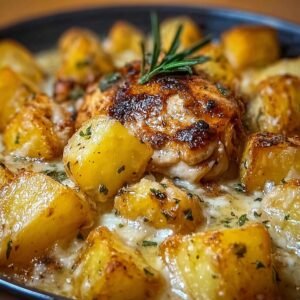 Gros plan sur un plat de poulet et pommes de terre à l'ail, garni de romarin frais.