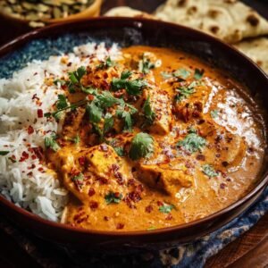 Gros plan d'un plat de Poulet Tikka Masala à la Mijoteuse servi avec du riz blanc et garni de coriandre fraîche et de flocons de piment.