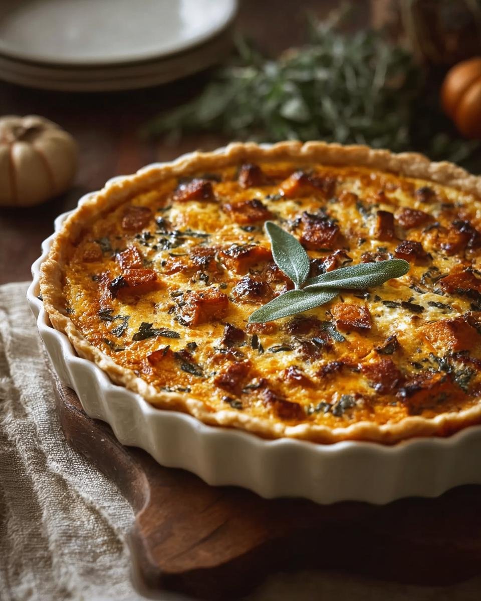 Gros plan d'une quiche butternut et sauge dans un plat blanc, garnie de feuilles de sauge.