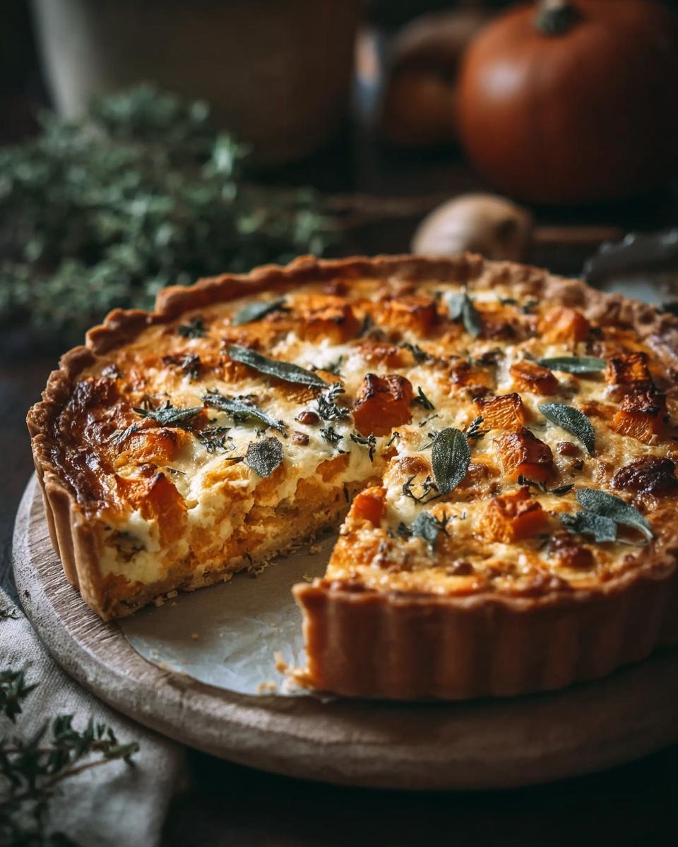 Gros plan d'une part de quiche butternut et sauge, garnie de feuilles de sauge et de morceaux de courge.