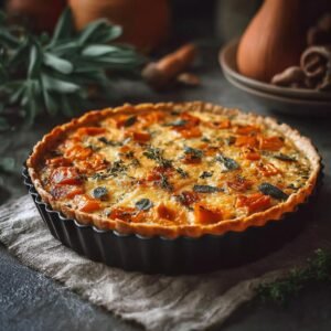 Gros plan d'une quiche butternut et sauge dans un moule à tarte, garnie d'herbes fraîches.