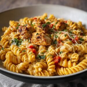Plat de recette de poulet Cajun rotini crémeux avec morceaux de poulet grillé et persil frais.