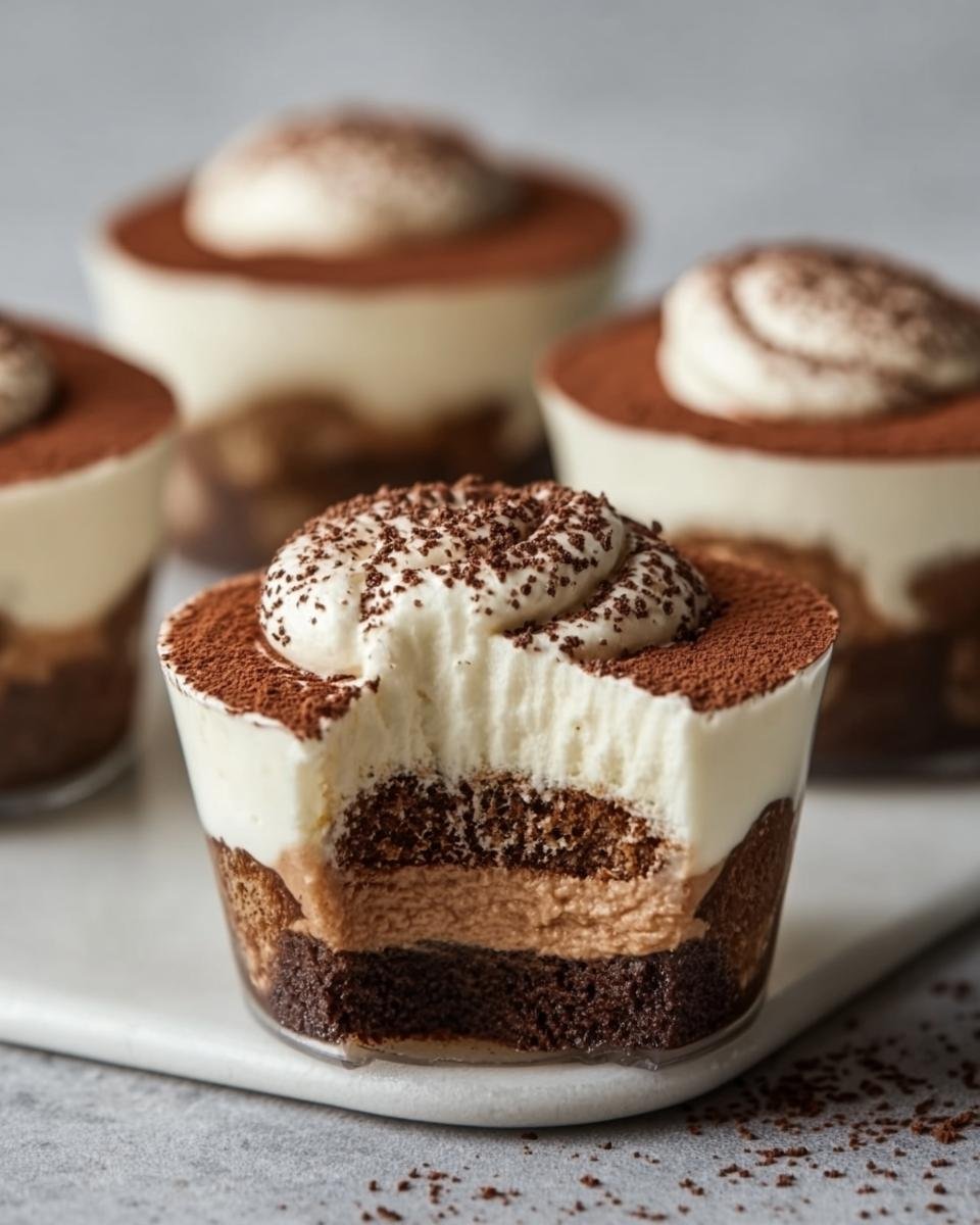 Gros plan d'une recette de Tiramisu Cups avec une bouchée retirée, montrant les couches de biscuit, crème et cacao.