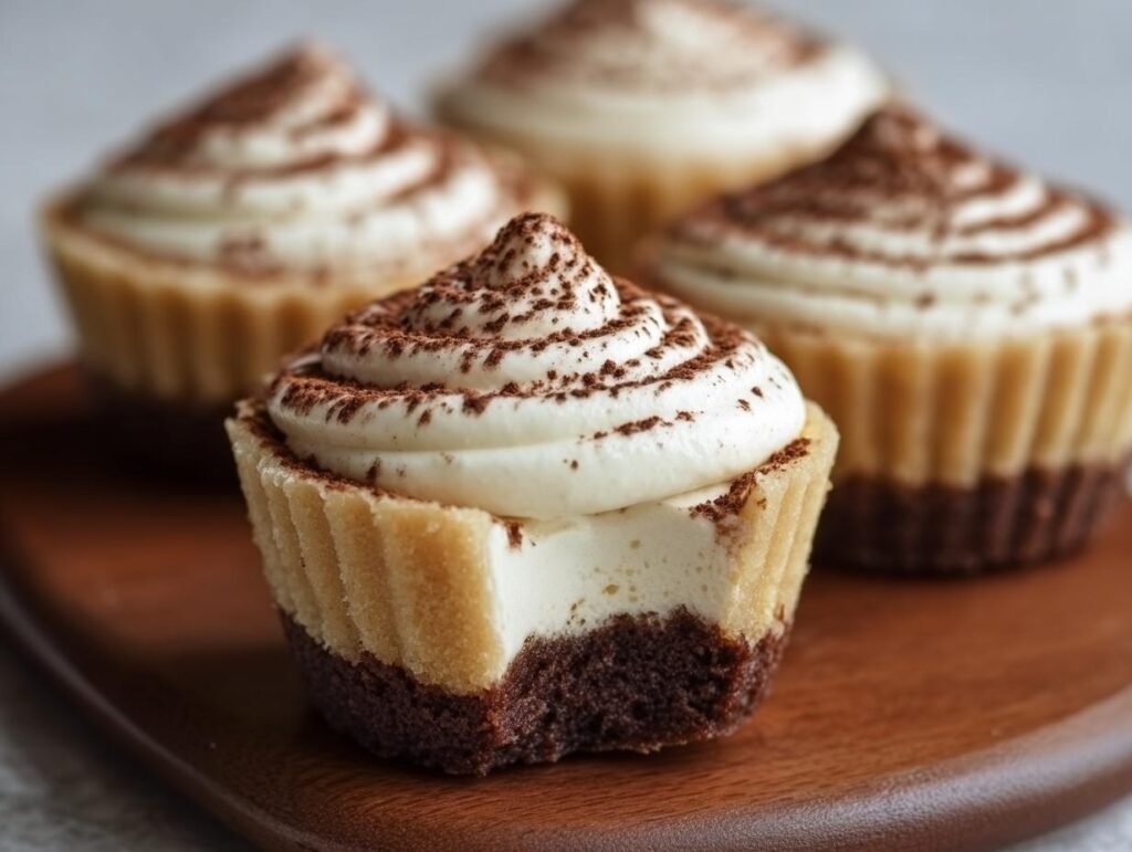 Gros plan d'une recette de Tiramisu Cups individuelle avec une bouchée, garnie de crème et de cacao.