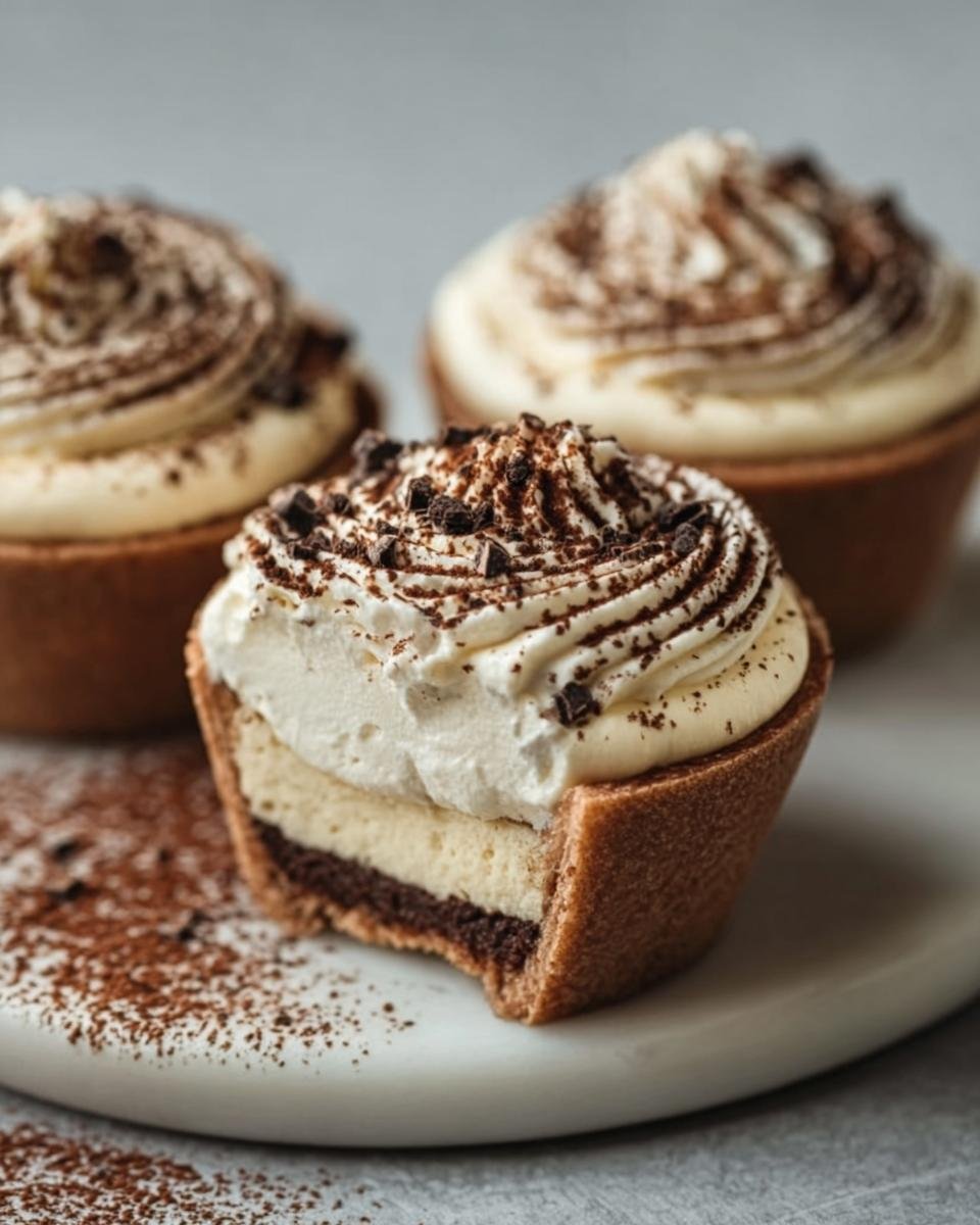 Gros plan d'une recette Tiramisu Cups avec crème fouettée, cacao et copeaux de chocolat.