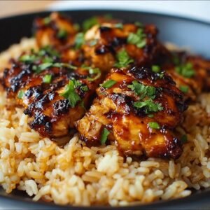 Gros plan sur du riz au poulet BBQ miel, garni de persil frais.