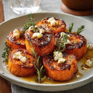 Gros plan sur des rondelles de patate douce au miel caramélisées, garnies de fromage de chèvre et d'herbes fraîches.
