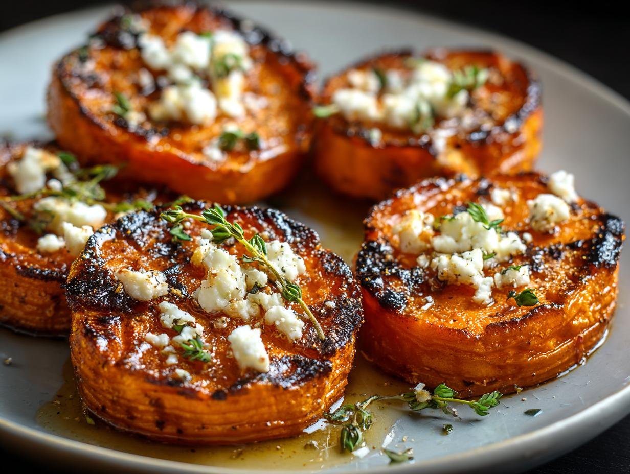 Gros plan sur des rondelles de patates douces rôties garnies de feta émiettée et de brins de thym frais.