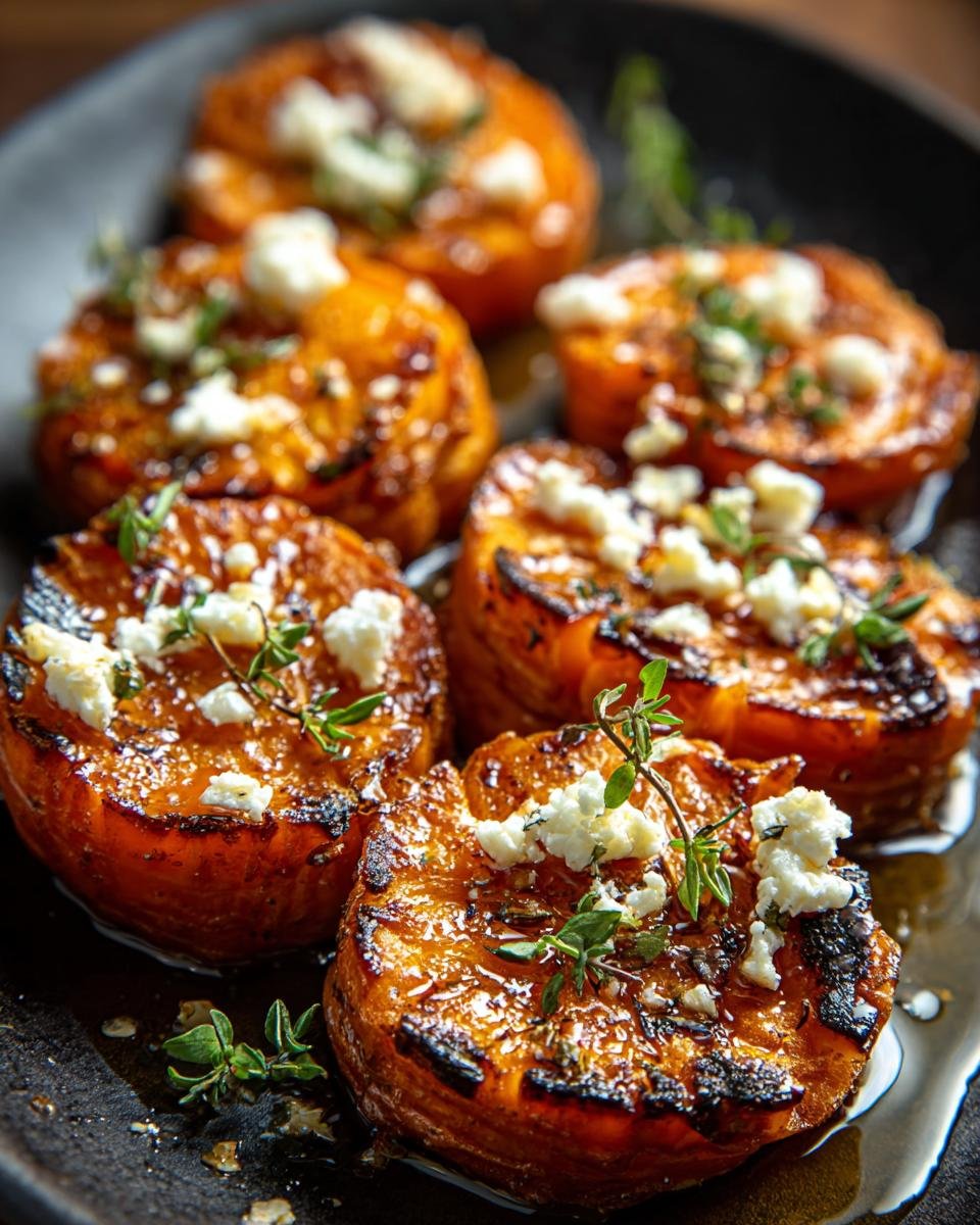 Gros plan sur des rondelles de patates douces rôties garnies de feta émiettée et de brins de thym frais.