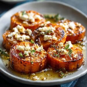 Gros plan de rondelles de patates douces rôties garnies de fromage émietté et d'herbes fraîches.