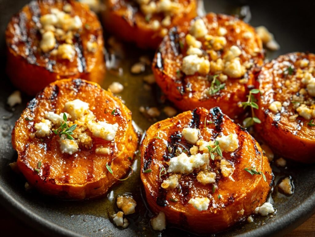 Gros plan de rondelles de patates douces rôties, garnies de fromage émietté et de thym frais.