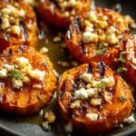 Gros plan de rondelles de patates douces rôties, garnies de fromage émietté et de thym frais.