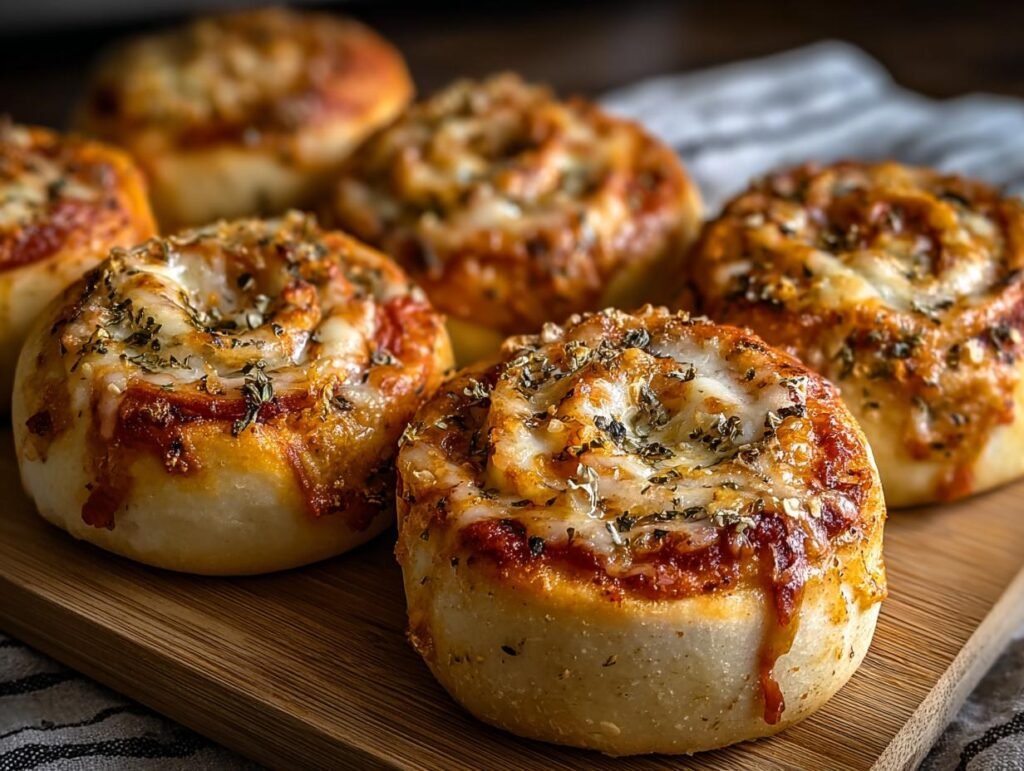 Gros plan sur des rouleaux de pizza au levain faits maison, garnis de fromage fondu et d'herbes.
