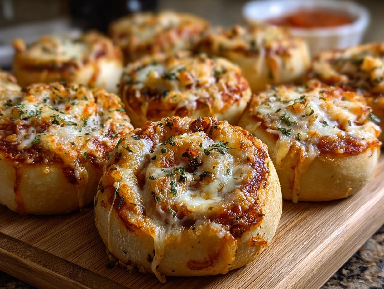 Gros plan sur des rouleaux de pizza au levain garnis de sauce tomate, de fromage fondant et de persil frais.