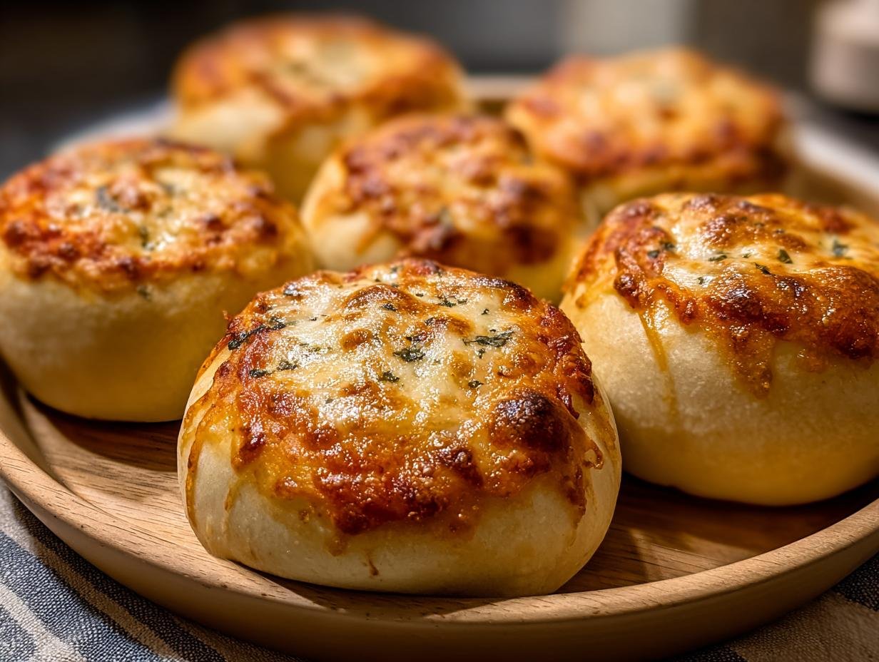 Gros plan sur des rouleaux de pizza au levain faits maison, garnis de fromage fondu et d'herbes.