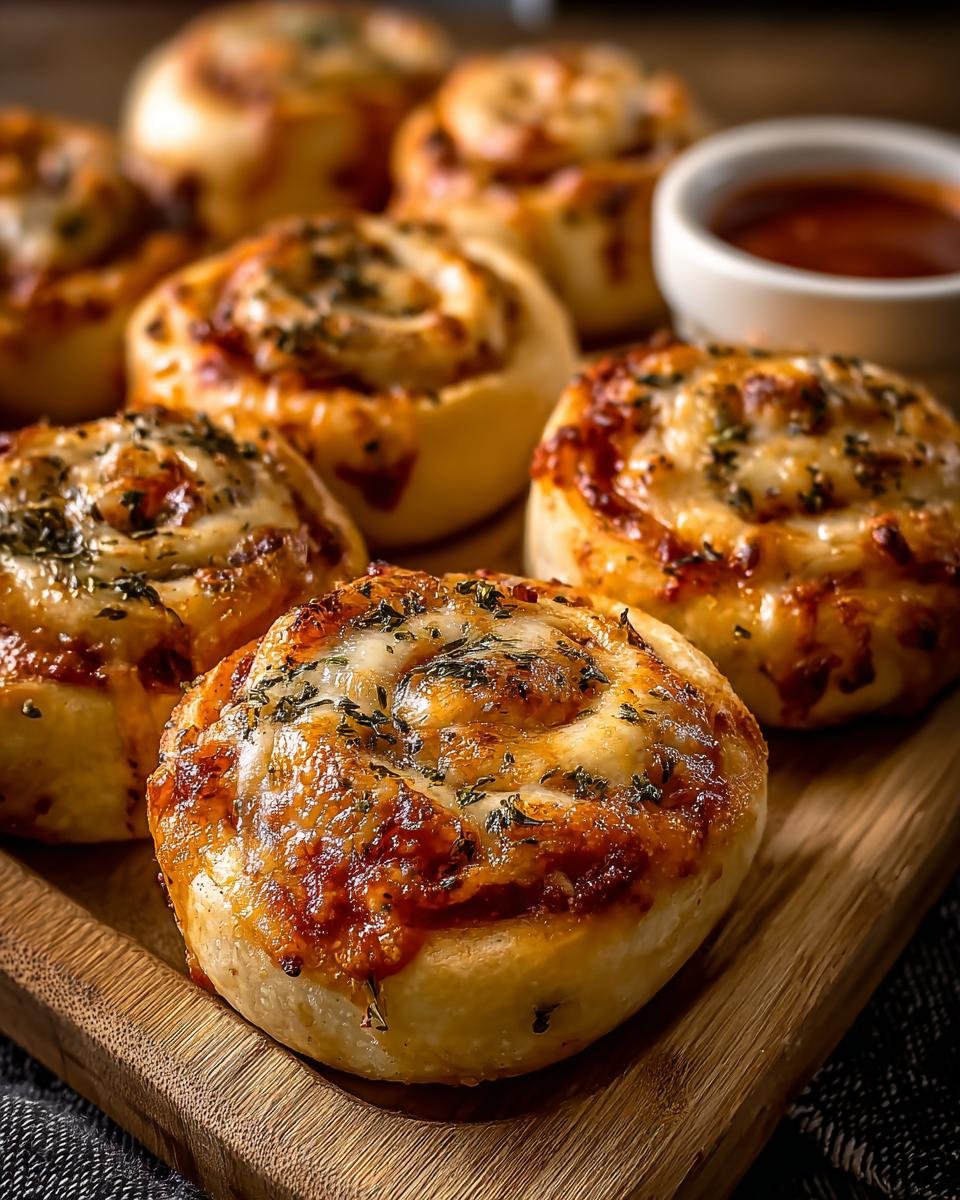 Gros plan sur des rouleaux de pizza au levain faits maison, garnis de fromage fondu et d'herbes.