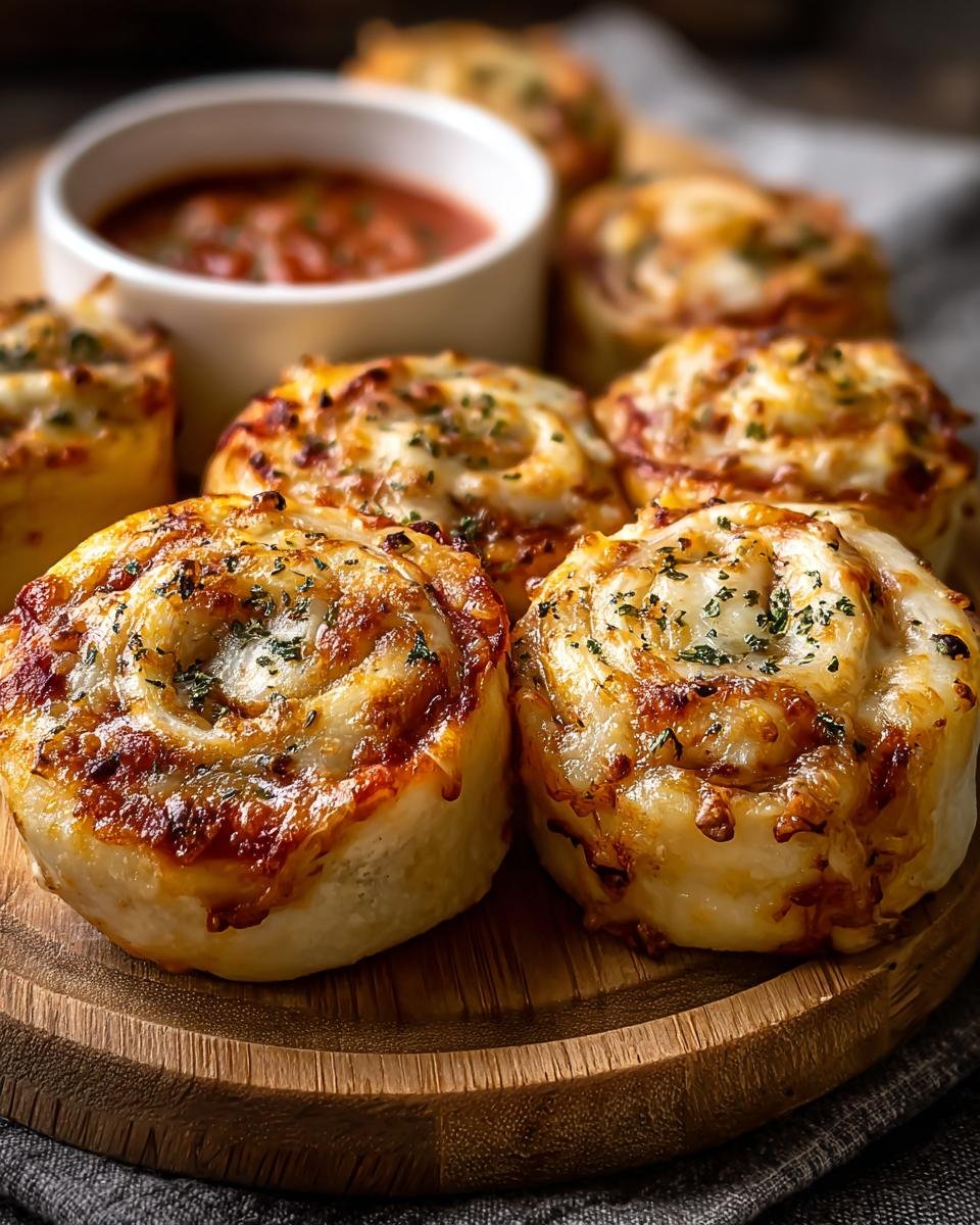 Gros plan sur des rouleaux de pizza au levain faits maison, garnis de fromage fondu et d'herbes, servis avec une sauce tomate.