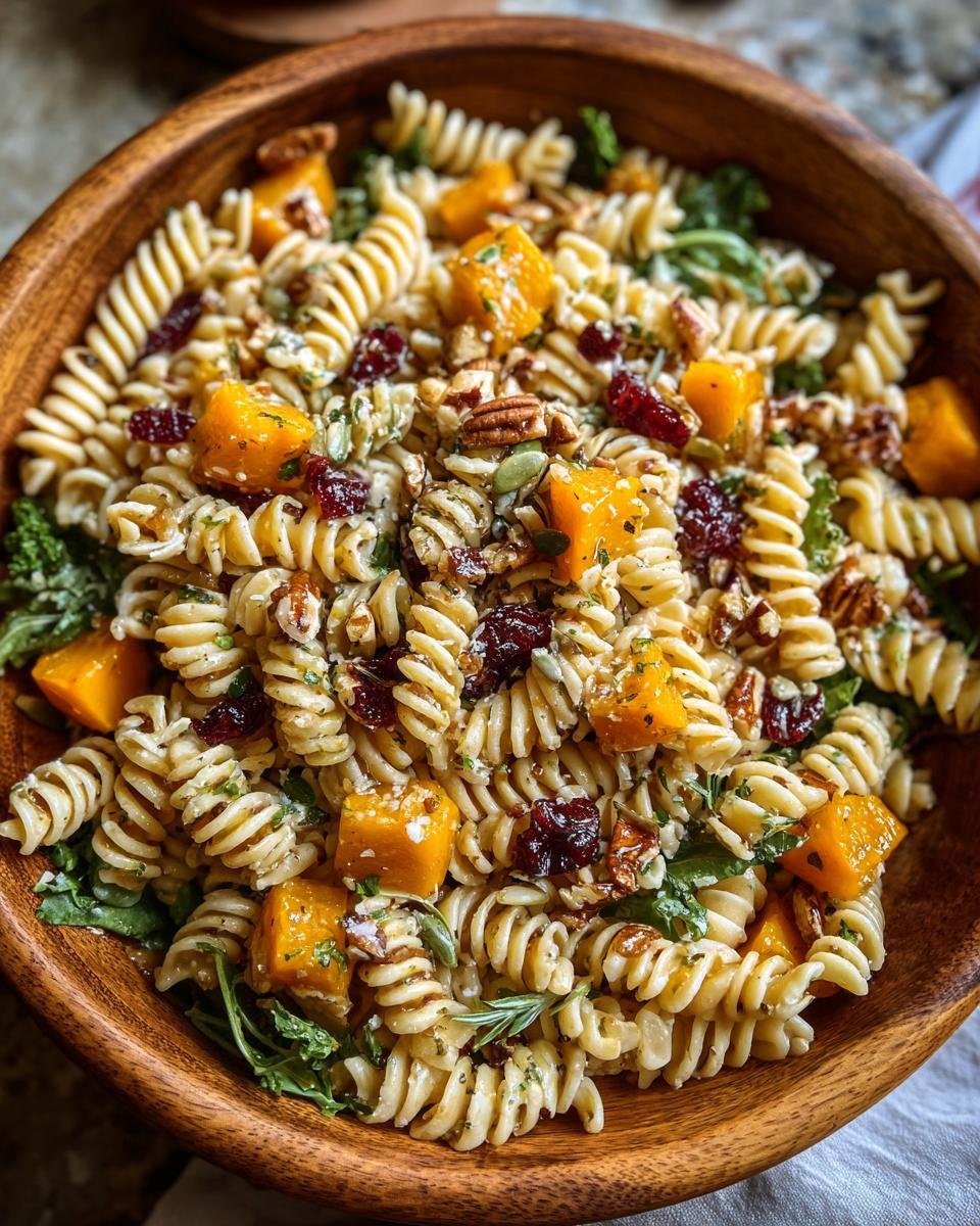 Gros plan d'une salade de pâtes d'automne dans un bol en bois, avec des morceaux de courge, des cranberries séchées et des noix.
