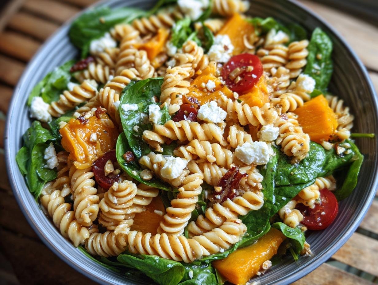 Gros plan d'une salade de pâtes d'automne avec des pâtes fusilli, de la courge rôtie, des épinards frais, du fromage feta et des tomates cerises.