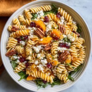 Gros plan d'une Salade de Pâtes d'Automne avec fusilli, courge rôtie, canneberges séchées, noix de pécan et fromage feta.