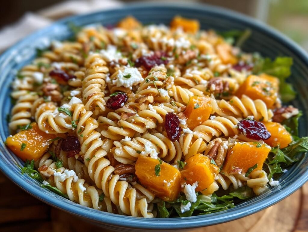 Gros plan d'une Salade de Pâtes d'Automne avec courge, canneberges, noix et fromage émietté.