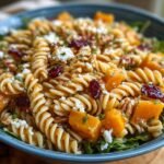 Gros plan d'une Salade de Pâtes d'Automne avec courge, canneberges, noix et fromage émietté.