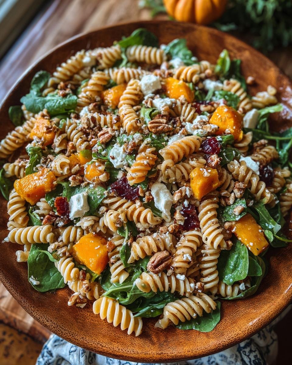 Gros plan d'une Salade de Pâtes d'Automne avec courge rôtie, noix de pécan, fromage de chèvre et canneberges.