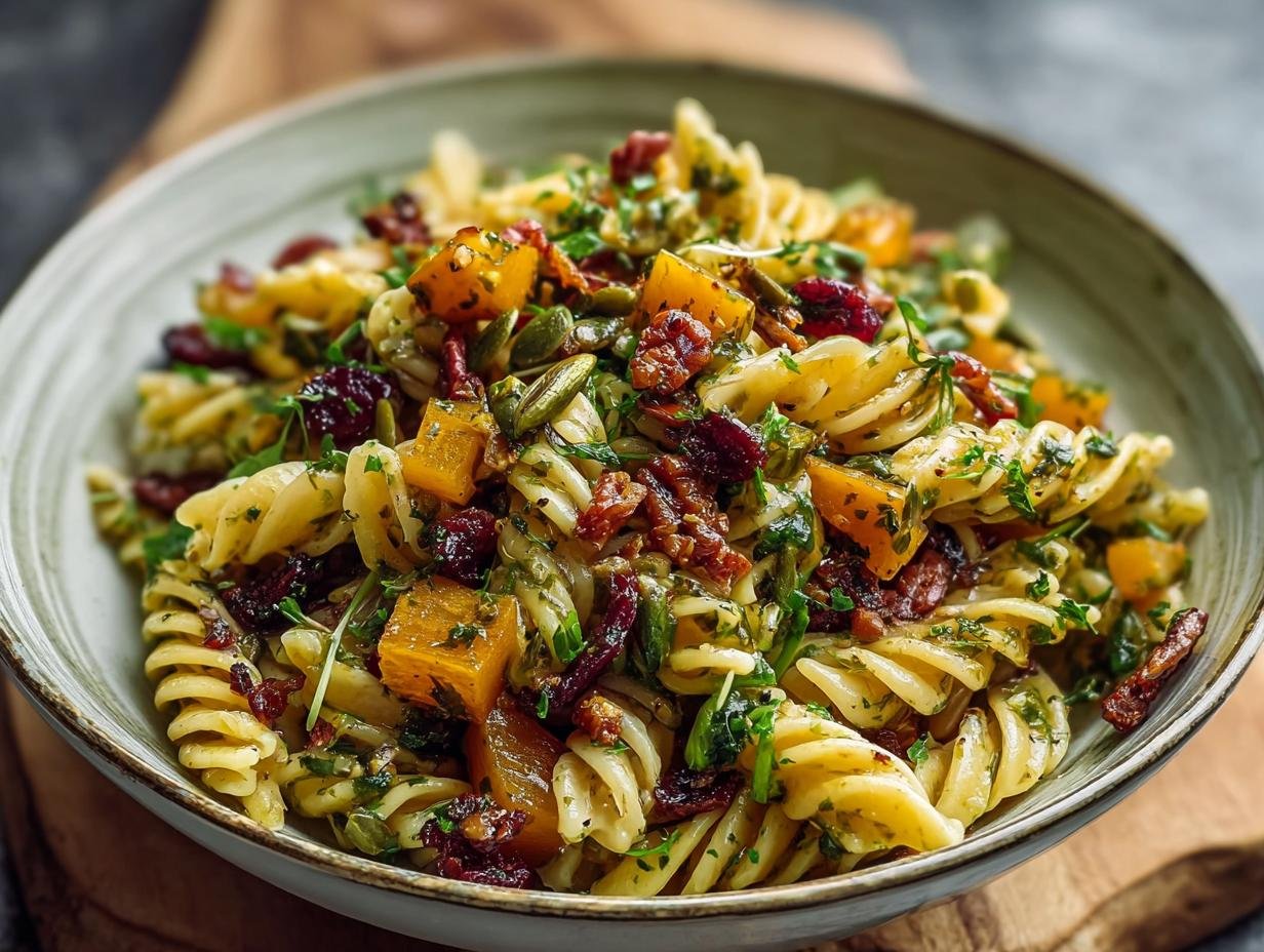 Gros plan d'une Salade de Pâtes d'Automne Facile avec des morceaux de courge, des canneberges séchées et des graines de citrouille.