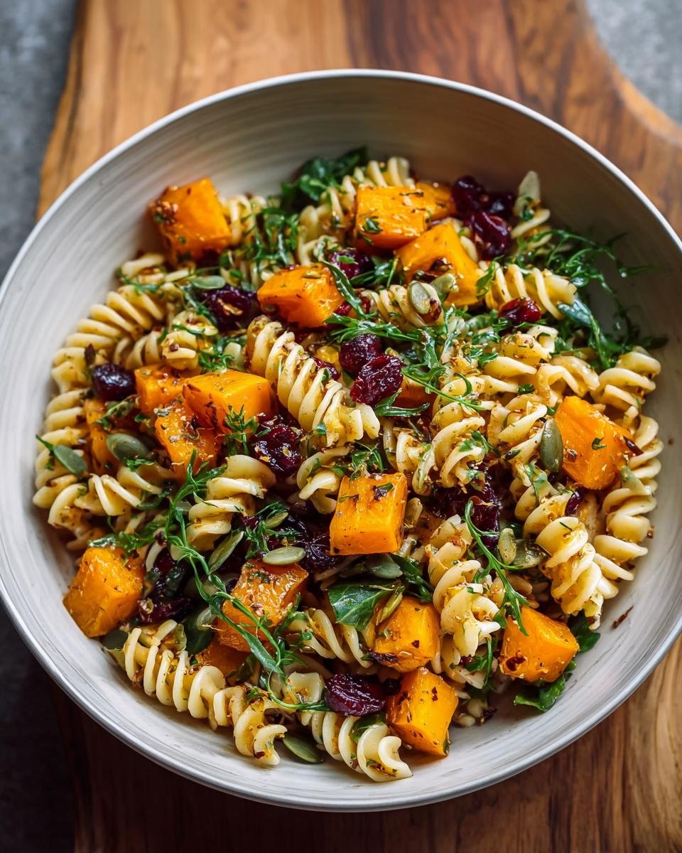 Gros plan d'une salade de pâtes d'automne facile avec des morceaux de citrouille rôtie, des canneberges séchées et des graines de citrouille.