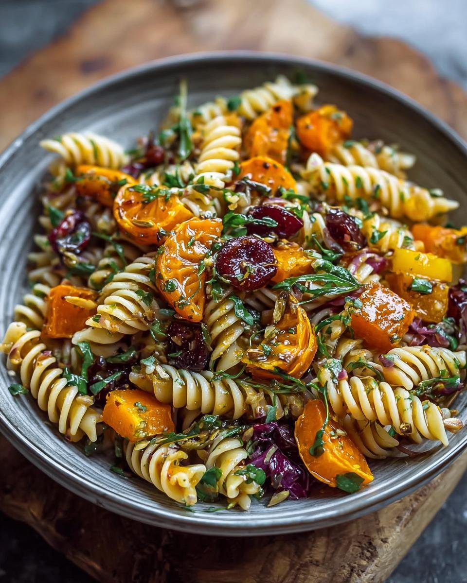 Gros plan d'une salade de pâtes d'automne facile avec des pâtes fusilli, de la courge rôtie, des cranberries et des herbes fraîches.