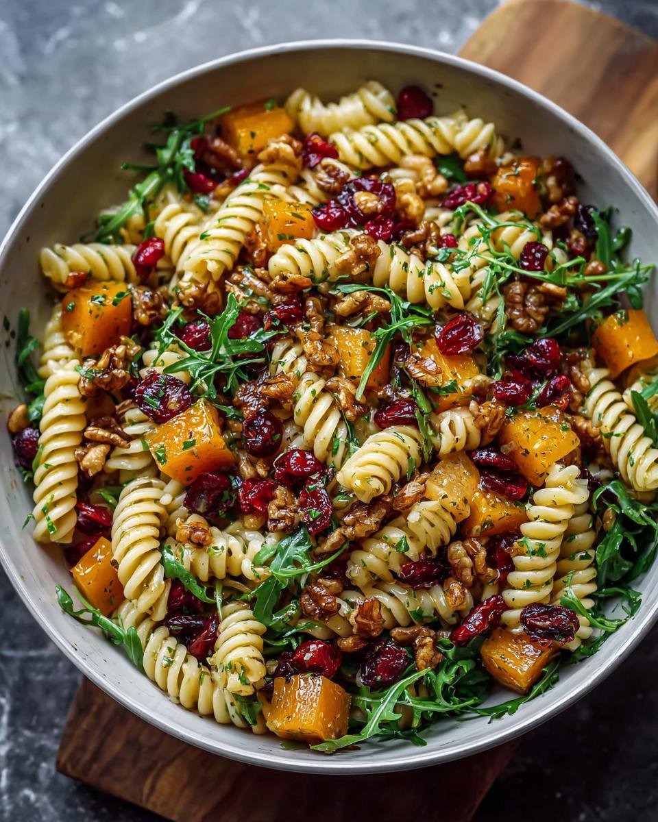 Gros plan d'une salade de pâtes d'automne facile avec des pâtes fusilli, des dés de courge rôtie, des canneberges séchées et des noix.