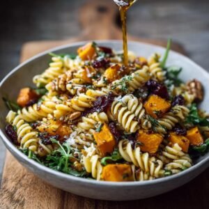 Gros plan d'une Salade de Pâtes d'Automne Facile avec courge, canneberges séchées et noix.