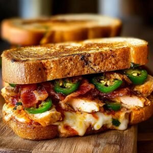 Gros plan d'un sandwich poulet bacon jalapeño avec fromage fondant et pain grillé.