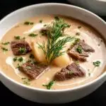 Gros plan d'une soupe crémeuse au bifteck avec des morceaux de viande tendre, des pommes de terre et garnie d'aneth et de persil.