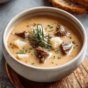 Gros plan d'une soupe crémeuse au bifteck avec des morceaux de bœuf tendres et des pommes de terre, garnie de romarin et de persil.